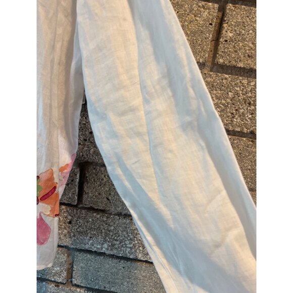 Dana Buchman White Linen Blouse W/ Multicolor Floral Embroidery Button-Down Long - Picture 5 of 9